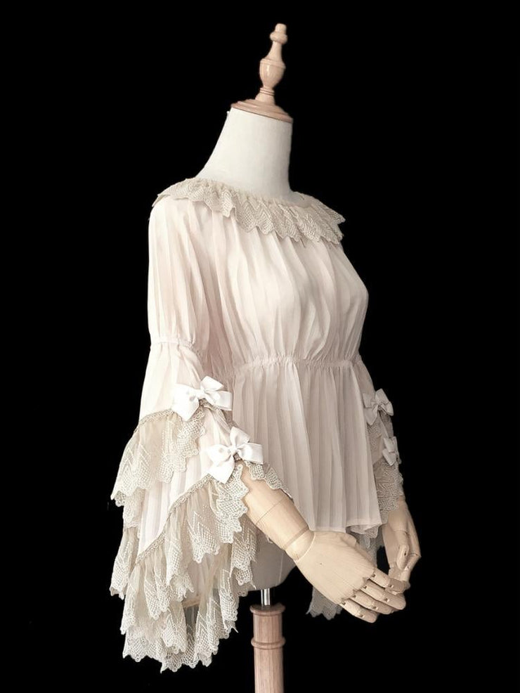 Beige Chiffon Vintage Blouse Lace Flounce Sleeves