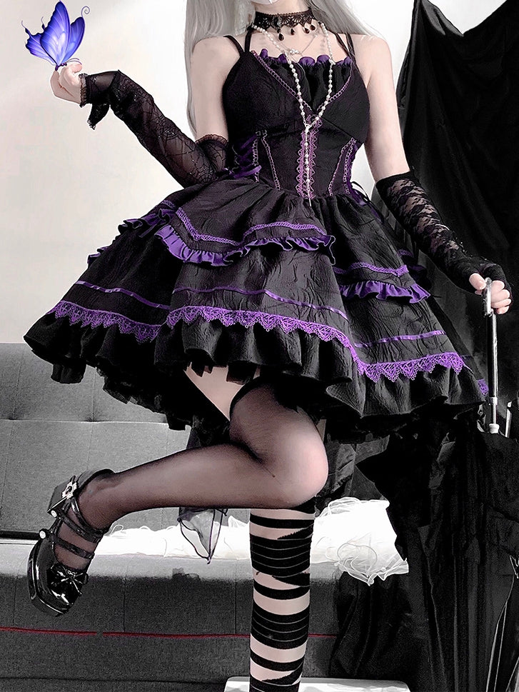 Black and Purple Lace-up Detail Gothic Jumper Skirt With Bow Train Halloween Dress