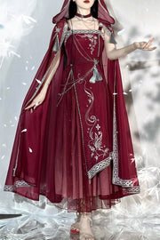 Wine Red Butterfly Embroidery Long Dress + Cloak Set with Chains