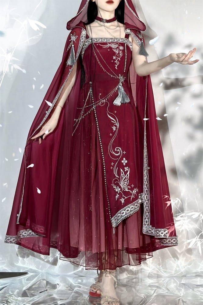 Wine Red Butterfly Embroidery Long Dress + Cloak Set with Chains