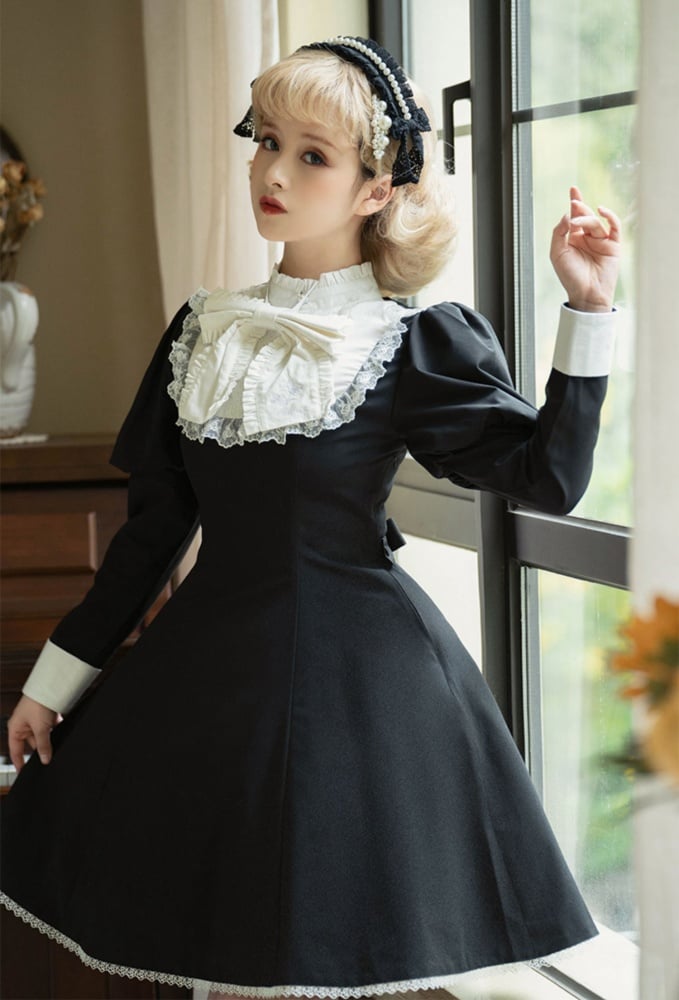 White and Black Banded Collar One Piece Long Sleeves Nun Costume