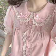 Pink / White Lace Trim Peter Pan Collar Blouse