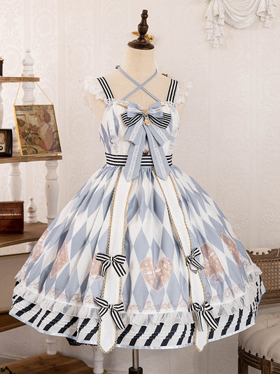 Sweetheart Alice Blue Striped Bowknot Details Diamond Pattern Jumper Skirt