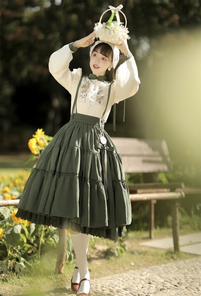 Beige Sunflowers Embroidery Blouse + Green Tiered Skirt with Sunflower Charm Set