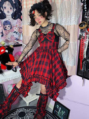 Scarlet Red Plaid Punk Jumper Skirt Handkerchief Hem Idol Dress