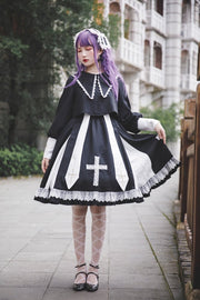 Breath of Heaven Color Black and White Jacquard Lace Cross Pattern Jumper Skirt