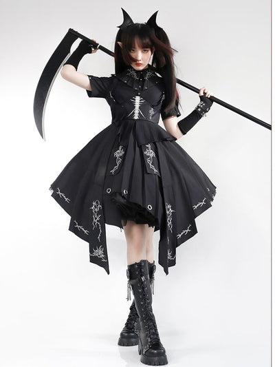 Thorns of Fog Color Black Cross and Thorns Embroidery Military Lolita OP