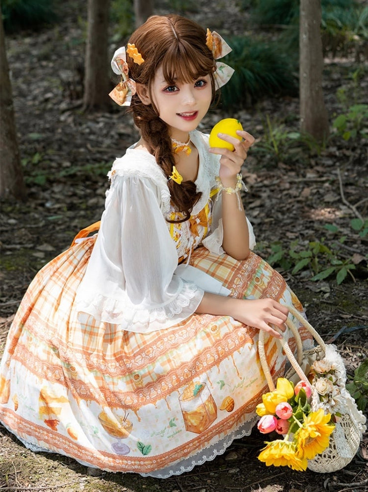 Mango Macchiato Dessert Print Plaid Pattern Sweet Lolita JSK