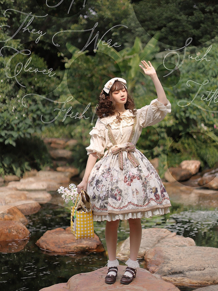 Thumbelina Floral Print Embroidery Bowknot Overall Skirt