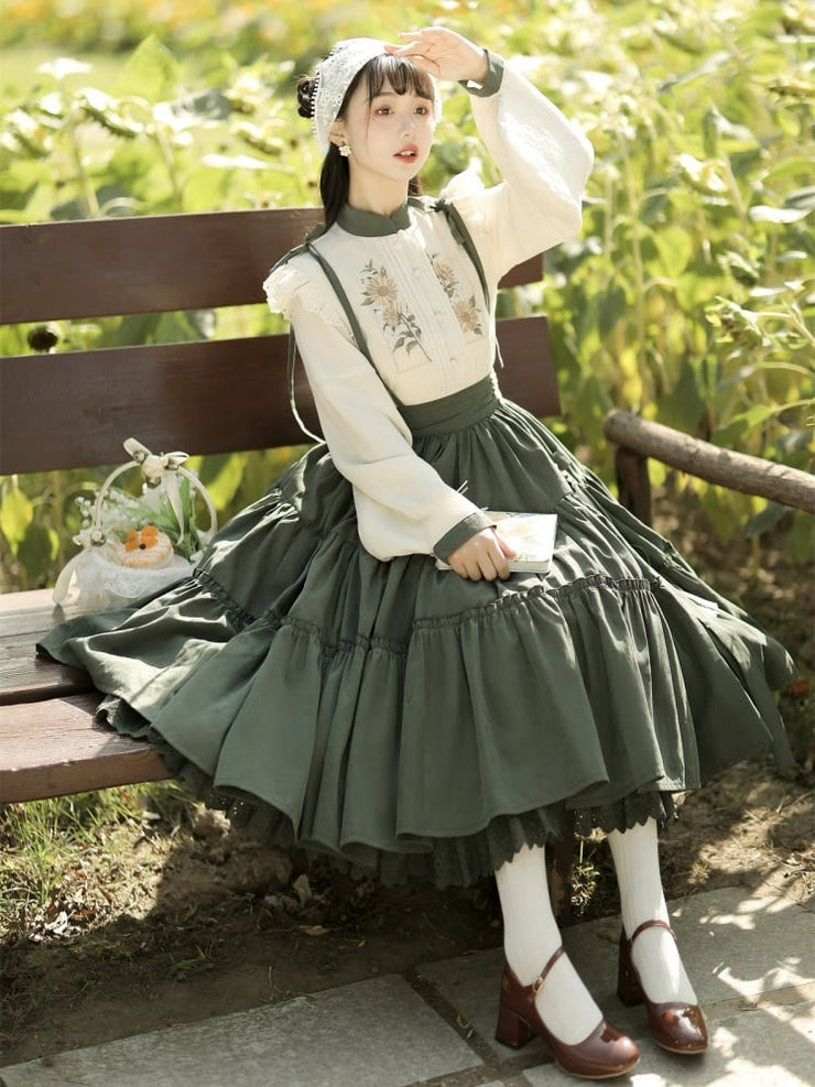 Beige Sunflowers Embroidery Blouse + Green Tiered Skirt with Sunflower Charm Set