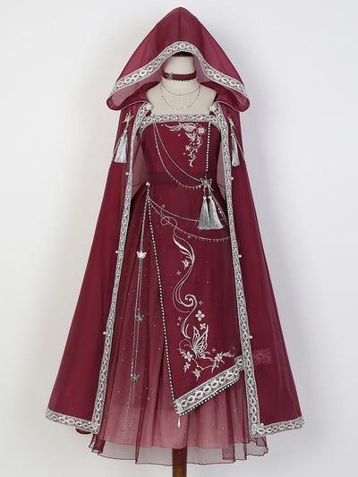 Wine Red Butterfly Embroidery Long Dress + Cloak Set with Chains