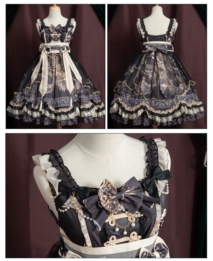 In Stock Black Chinoiserie Style Pattern Design Dragon Print Bowknot Details Jumper Skirt