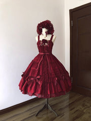 Rozen Maiden Front Buttons Closure Shirring Back Plus Size Friendly Black / Wine Red / Green / Pink Classic Jumper Skirt