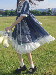 In Stock Clouds Print Sailor Collar Long/Short Sleeves One Piece