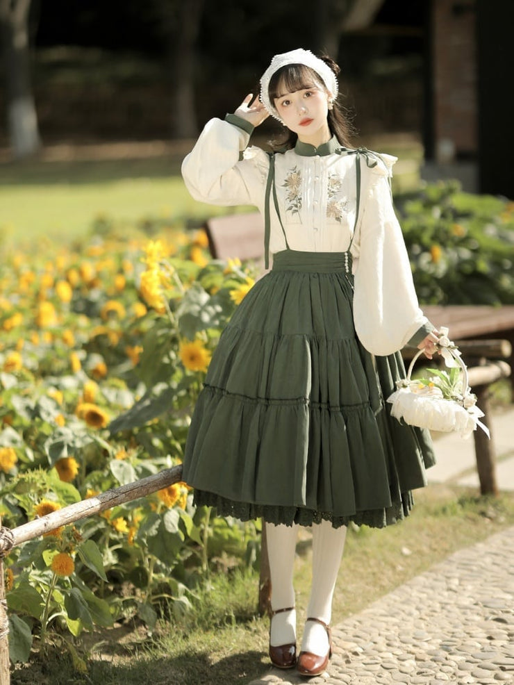 Sunflowers Appointment Floral Embroidery Banded Collar Long Sleeves Blouse