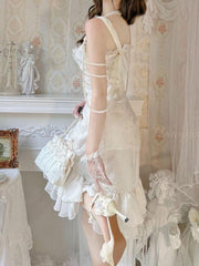 Camellia White Jacquard Rose Decoration Bead Detail Ruffle Mermaid Hemline Lolita JSK