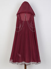 Wine Red Butterfly Embroidery Long Dress + Cloak Set with Chains