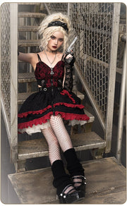 Cross Design Gothic Jumper Skirt Cutout Detail Tiered Skirt and Ruffle Trim