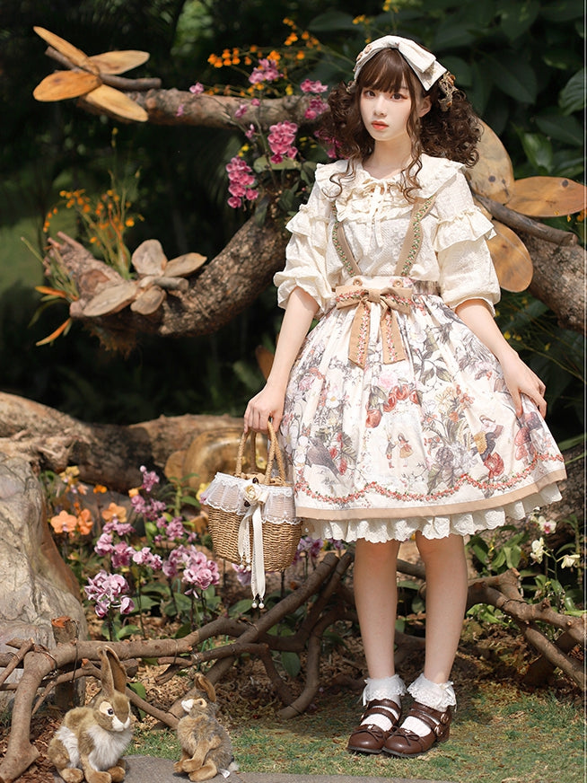 Thumbelina Floral Print Embroidery Bowknot Overall Skirt