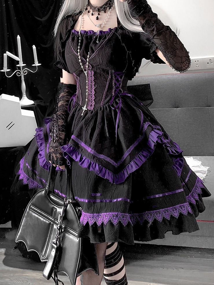 Black and Purple Lace-up Detail Gothic Jumper Skirt With Bow Train Halloween Dress