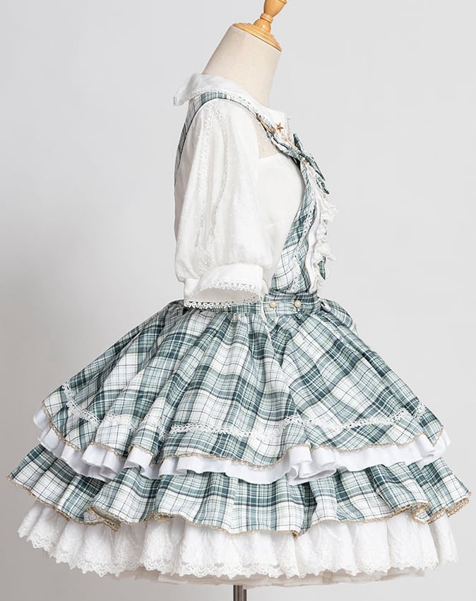 Clearance-Size S for Waist 60-66CM Green Plaid Ruffle Skirt Idol Dress Lolita Overalls