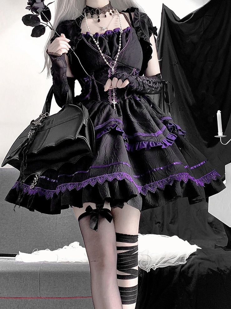 Black and Purple Lace-up Detail Gothic Jumper Skirt With Bow Train Halloween Dress