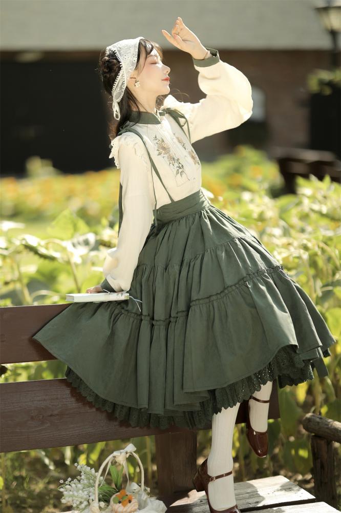 Beige Sunflowers Embroidery Blouse + Green Tiered Skirt with Sunflower Charm Set