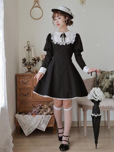 White and Black Peter Pan Collar One Piece Long Sleeves Nun Costume