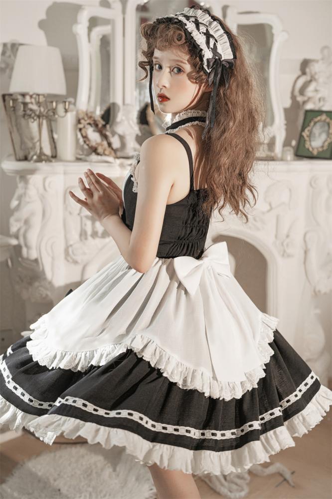 Maid Coffee Bowknot Details Halter Neck Jumper Skirt+Bolero Set