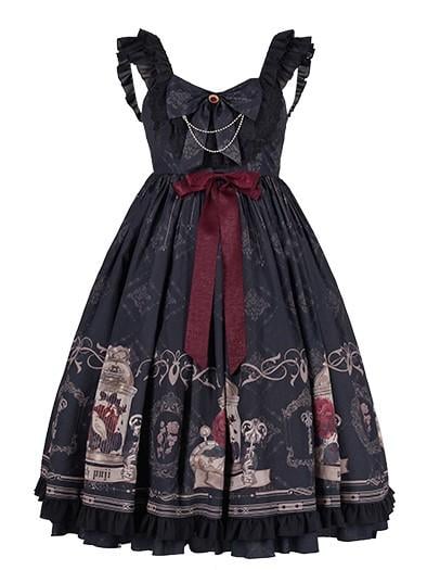 Nightingale and Rose Print Big Bow Ruffle Trim Lolita JSK