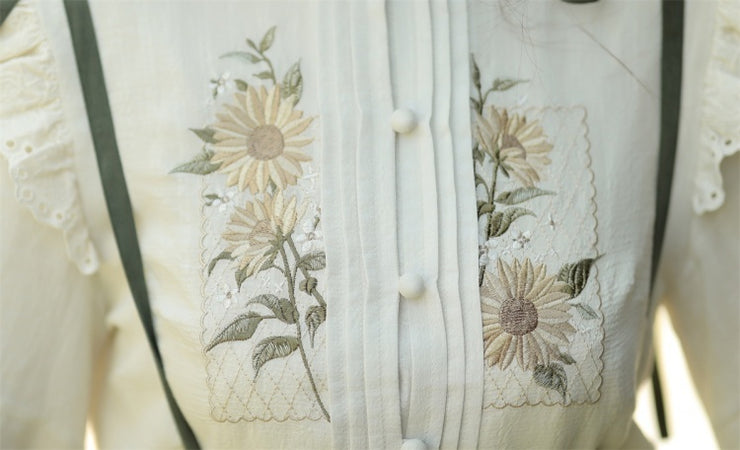 Sunflowers Appointment Floral Embroidery Banded Collar Long Sleeves Blouse