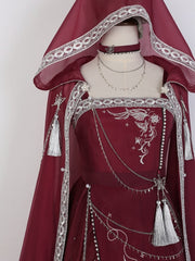 Wine Red Butterfly Embroidery Long Dress + Cloak Set with Chains