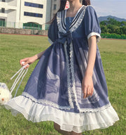 In Stock Clouds Print Sailor Collar Long/Short Sleeves One Piece