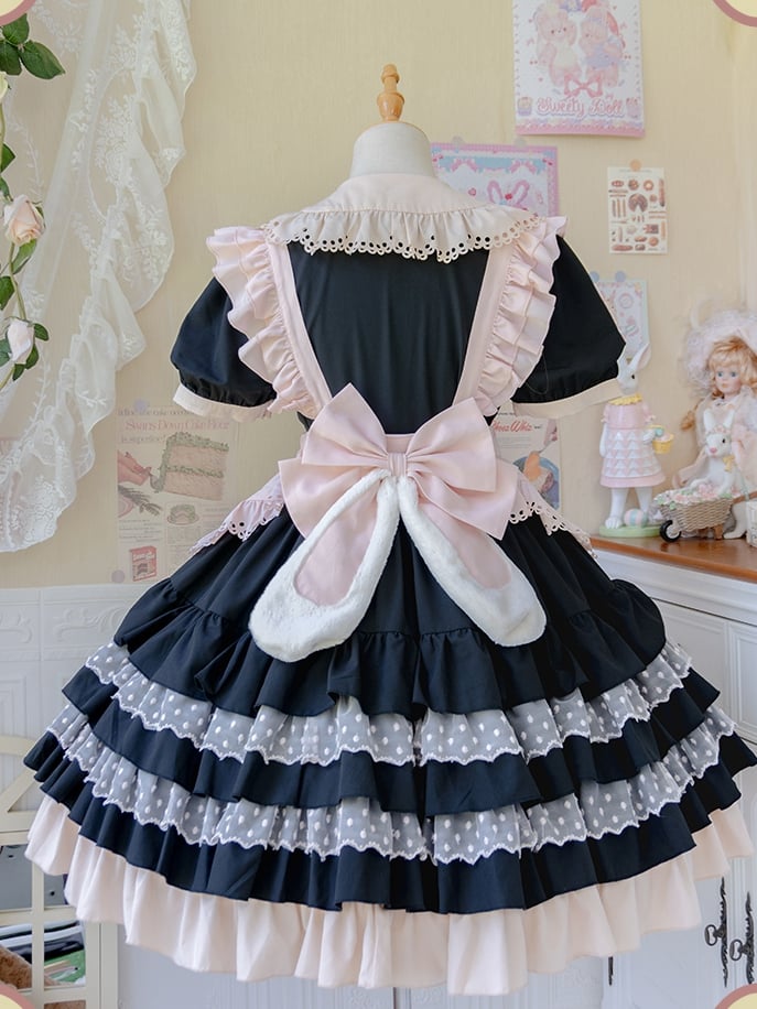 In Stock Bowknot Details Polka-dot Ruffle Hem Short Sleeves Lolita OP