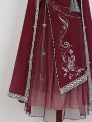 Wine Red Butterfly Embroidery Long Dress + Cloak Set with Chains