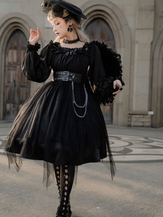 Black Gothic Lolita Dress with Separate Corset Belt