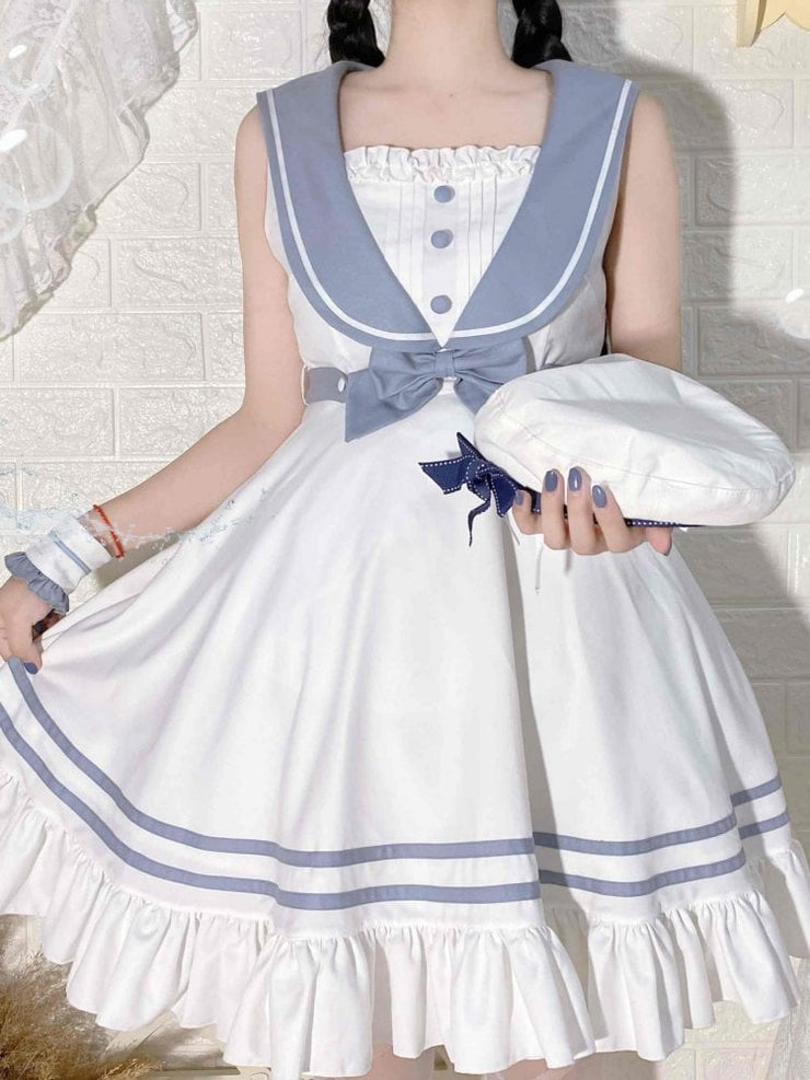 Summer Sea Breeze Sailor Collar Natural Waist Ruffle Hem Jumper Skirt/Full Set