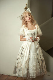 Clock and Butterfly Print White One Piece Puff Sleeves High Waist