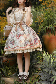 Thumbelina Floral Print Embroidery Bowknot Overall Skirt