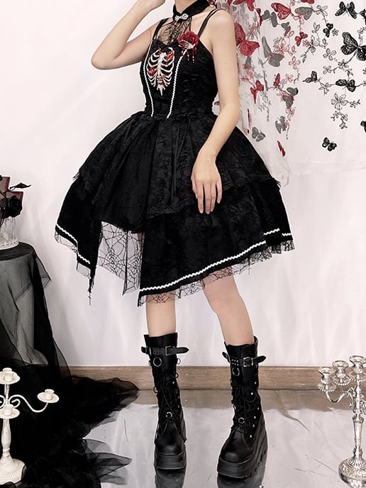 Black Rose Ribs Embroidery Gothic Jumper Skirt/Jumper Skirt+Bolero Set