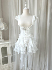 White Rose Details Ruffle Hem Waistcoat Lace-up Closure