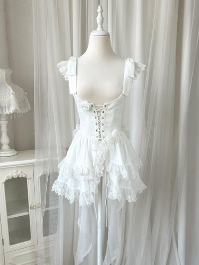 White Rose Details Ruffle Hem Waistcoat Lace-up Closure