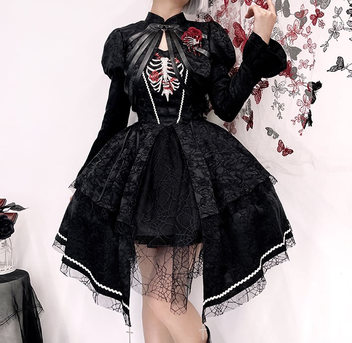 Black Rose Ribs Embroidery Gothic Jumper Skirt/Jumper Skirt+Bolero Set