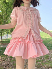 Pink / White Lace Trim Peter Pan Collar Blouse