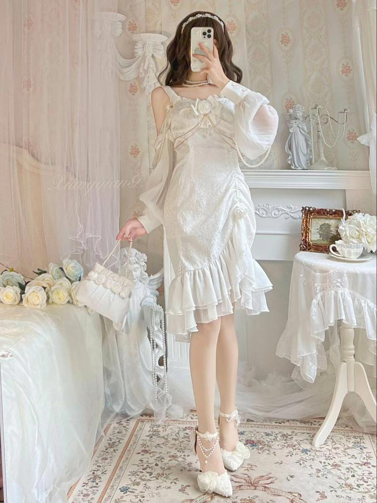 Camellia White Jacquard Rose Decoration Bead Detail Ruffle Mermaid Hemline Lolita JSK