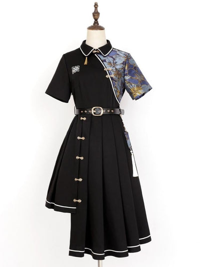 Asymmetrical Hem Skirt Black One Piece Short Sleeves Qi Dress