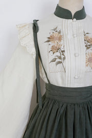 Beige Sunflowers Embroidery Blouse + Green Tiered Skirt with Sunflower Charm Set