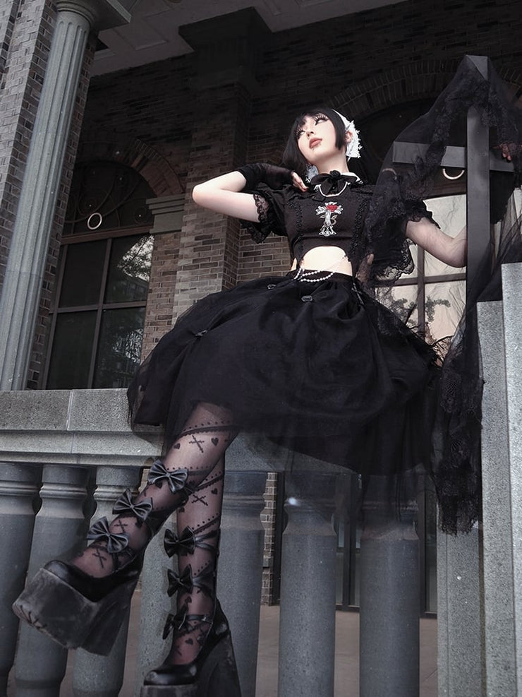 Black Gothic Rose Cross Embroidery Top + Skirt Set