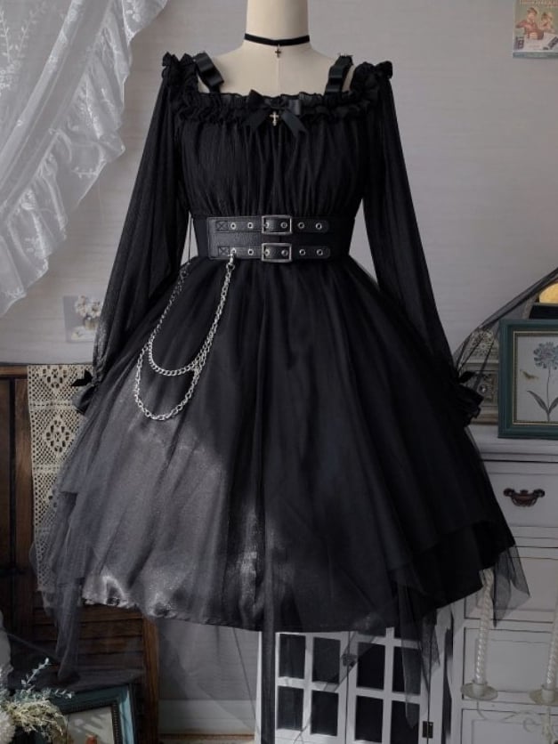 Black Gothic Lolita Dress with Separate Corset Belt