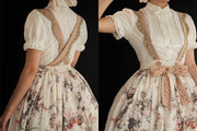 Thumbelina Floral Print Embroidery Bowknot Overall Skirt